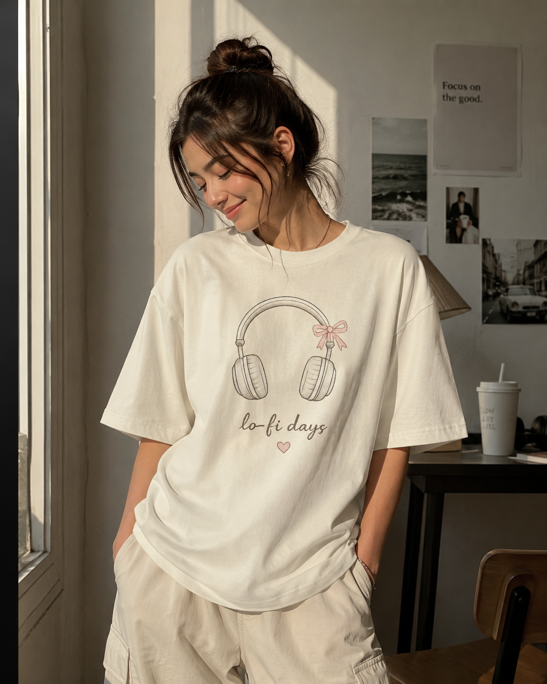 A woman wearing a cream-colored graphic t-shirt with a headphone design and the text 'lo-fi days', paired with matching cargo shorts, standing in a sunlit room.